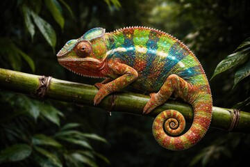 Fototapeta premium Vibrant chameleon on bamboo branch in front of dark background