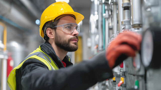 Industrial technician wearing safety gear inspecting machinery and control systems in modern factory environment.