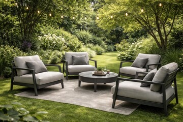 Obraz premium Stylish grey seating arranged in a lush garden for serene outdoor comfort