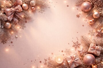 Naklejka premium Overhead image of pink Christmas accents on a smooth pastel background glowing with warm light and shadow festive setting with copy space