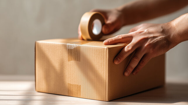 Hands sealing cardboard shipping box with adhesive tape, packaging and delivery service concept with copy space.