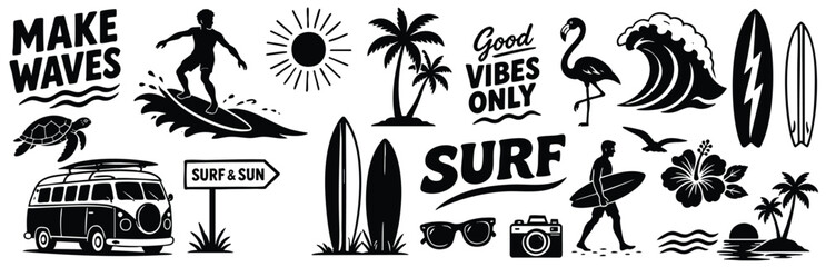 Collection of black and white surfing and summer beach themed icons, including surfboards, waves, palm trees, a van, and tropical elements, isolated on white background. © Zbrake Studio