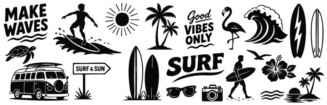 Collection of black and white surfing and summer beach themed icons, including surfboards, waves, palm trees, a van, and tropical elements, isolated on white background.