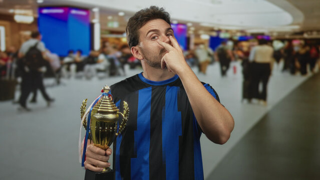 Man holding trophy and pointing finger in busy airport concourse, blue striped jersey and beard; victory pride.