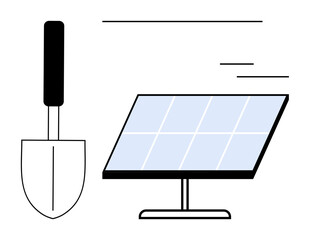 Renewable energy, sustainability, gardening, eco-friendly tools, green living, solar power. A solar panel and gardening shovel side by side. Renewable energy and sustainability concept © robu_s