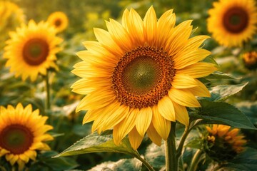Fototapeta premium Close up of lively sunflowers blossoming with detailed textures in a green garden