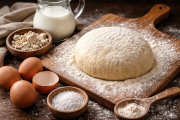 Fototapeta premium Cooking with fresh yeast dough eggs salt and milk on floured cutting board