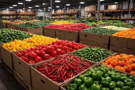 Peppers sorted by type in shipping containers inside warehouse