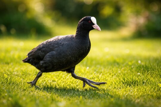 Playful pet Eurasian coot moving across a rich green lawn full length view in warm summer daylight