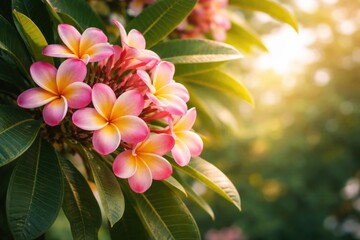 Obraz premium Cluster of pink and yellow plumeria blooms on leafy tree with blank space