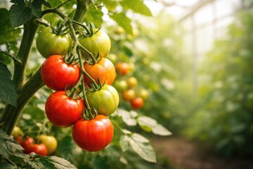 Fototapeta premium Tomatoes in various ripeness stages growing on a greenhouse branch with a gentle blur background and copy area