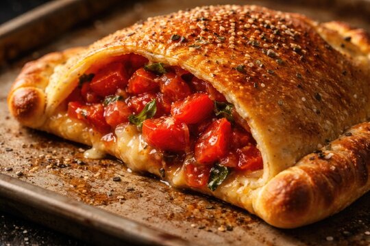 Macro shot of a golden calzone filled with fresh tomatoes on a metal baking sheet
