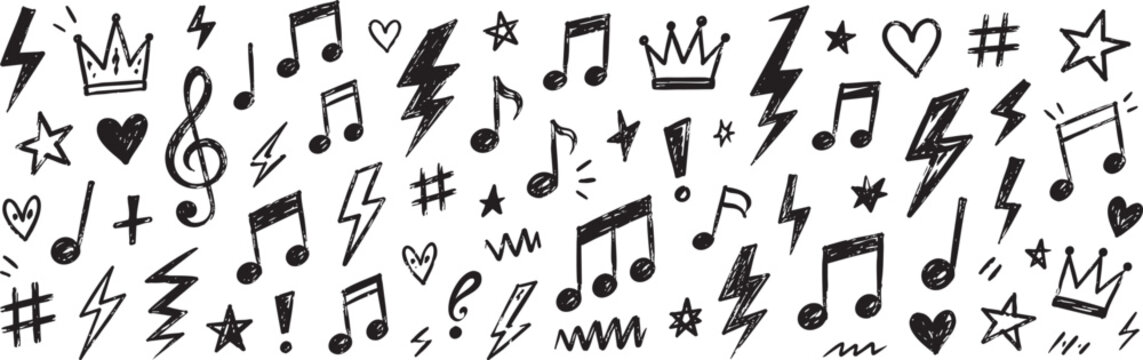 Set of hand drawn doodle music notes, lightning bolts, hearts, stars, crowns and other symbols isolated on white background. Vector illustration.