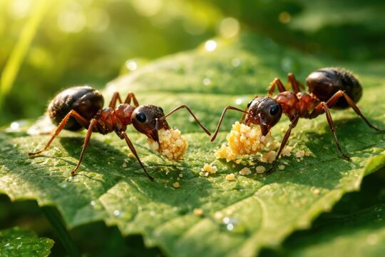 Pair of diligent ants gathering food on fresh green leaf during summer