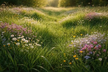 Obraz premium Thick natural grass landscape enriched by clusters of tiny blossoms