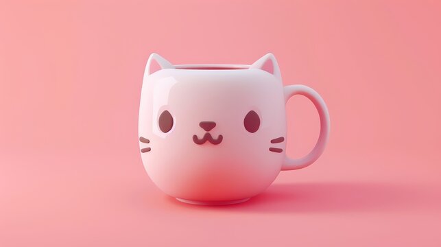 3D isometric kawaii pink coffee mug with cute cat face, happy mood pastel style on plain simple background