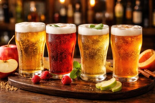 Different flavored hard ciders served in traditional pint glasses