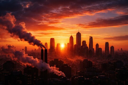 Modern cityscape showing building silhouettes and chimney smoke in a vivid sunset scene with copy space