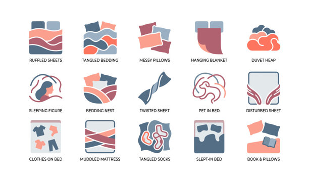 Tangled and messy bedding icons displayed on white background
