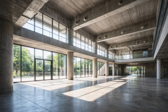 Modern construction interior with prestressed concrete ceiling and expansive natural light from large windows