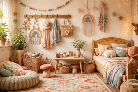 Whimsical kids room decorated with vintage style hanger and vibrant macrame accents
