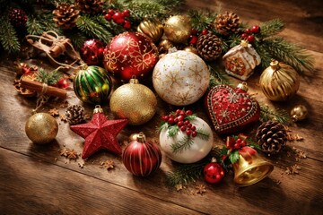 Naklejka premium Seasonal ornament collection placed on a natural wood plank surface with subtle shadows