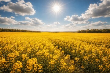 Fototapeta premium Golden canola field in summer daylight with a radiant sun and scattered fluffy clouds creating a peaceful ambiance