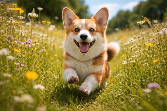 Lively Welsh Corgi pet romping through tall grass and wildflowers on a clear summer day full length view