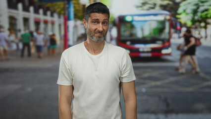 Fototapeta premium Man grimacing at oncoming traffic on a busy city street with a red bus standing behind him; urban annoyance.