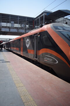 Varanasi, India, March 24 2025 - Vande Bharat Express train going to Delhi from Varanasi from Varanasi railway station, Vande Bharat fastest Train of India