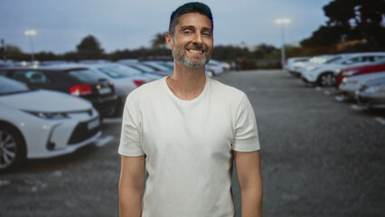 Fototapeta premium Man smiles and looks up among rows of parked cars in a street parking lot beneath lamp posts; quiet contentment patience.