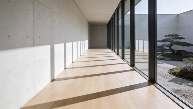 Minimalist hallway with rhythmic shadows and garden view