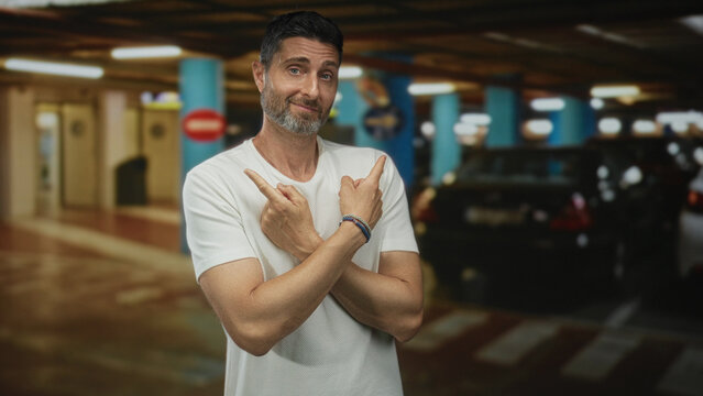 Man points both index fingers left and right in a parking garage wearing a white t shirt and watch; indecision choice dilemma.