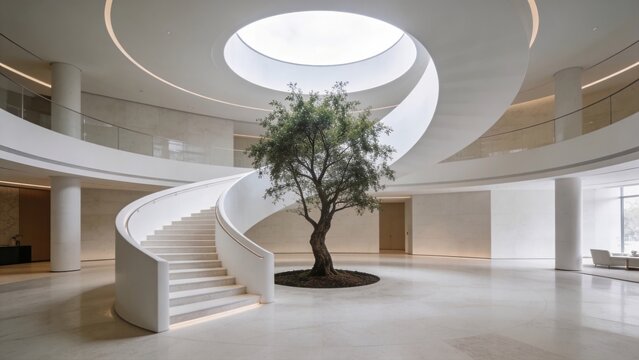 Minimalist white spiral staircase with indoor tree