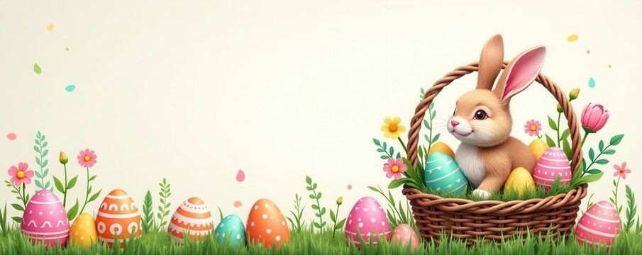 Happy Easter card Patterned bunnies, eggs & flowers in a basket Folk style , vintage, card, springtime
