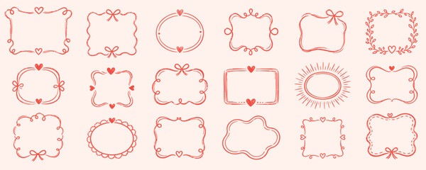 Collection of cute hand-drawn frames and borders decorated with hearts and bows, perfect for Valentine's Day designs, greeting cards, and scrapbooking. © Zbrake Studio