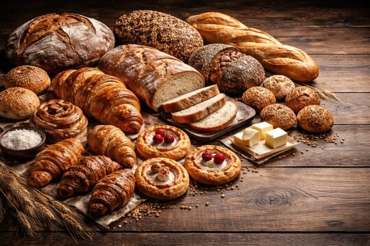 Selection of baked bread and pastries arranged on wooden table top with copy space