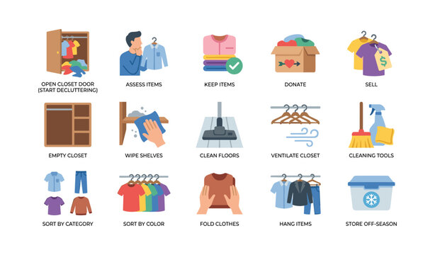 Closet decluttering icons showing sorting and storage on white