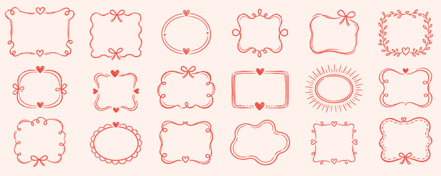 Collection of cute hand-drawn frames and borders decorated with hearts and bows, perfect for Valentine's Day designs, greeting cards, and scrapbooking.