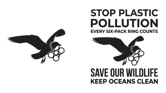 Stop plastic pollution awareness poster with seagull and six pack rings.