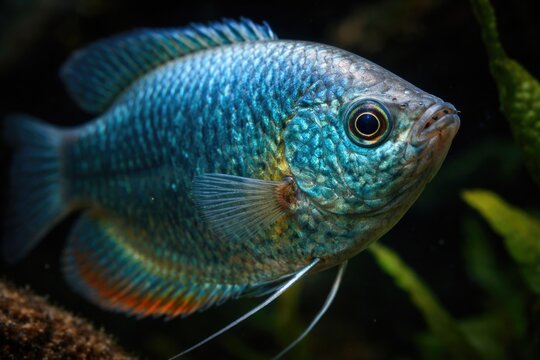 Intense close up image of a blue gourami fish with shimmering scales
