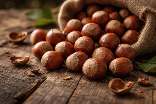 Close perspective of raw hazelnut kernels on aged table