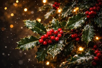 Naklejka premium Seasonal holiday cheer with lush holly leaves and glowing red berries on dark backdrop