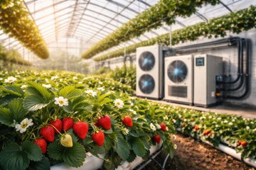 Obraz premium Strawberry plants growing in greenhouse using heat pump technology with copy space