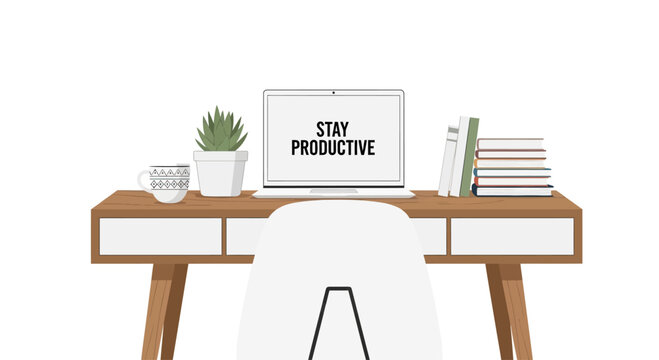 Minimalist home office desk setup with laptop and books illustration.