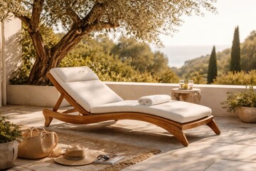 Fototapeta premium Wood sun lounger featuring elegant curves stationed on a bright terrace next to an olive tree