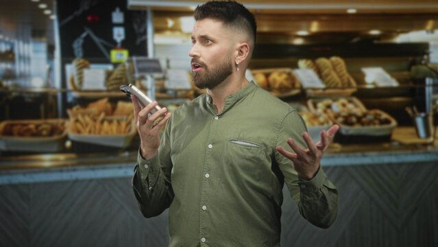 Man holding smartphone, hand gesturing and speaking into phone at bakery counter while disputing order with staff; frustration complaint.