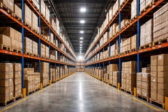 Cargo boxes organized on expansive shelving racks inside an industrial logistics warehouse