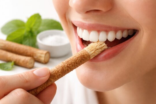 Traditional teeth cleaning with hands holding a siwak stick on a pure white surface symbolizing natural oral hygiene practices