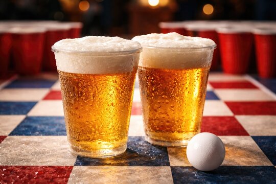 Frothy cold beer pong scene showing dual glass cups and a textured checkered background